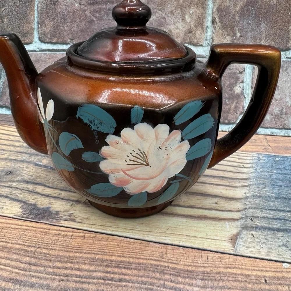 Vintage Japanese Moriage Redware Tea Set Floral 1940s Pottery Pot Creamer Sugar